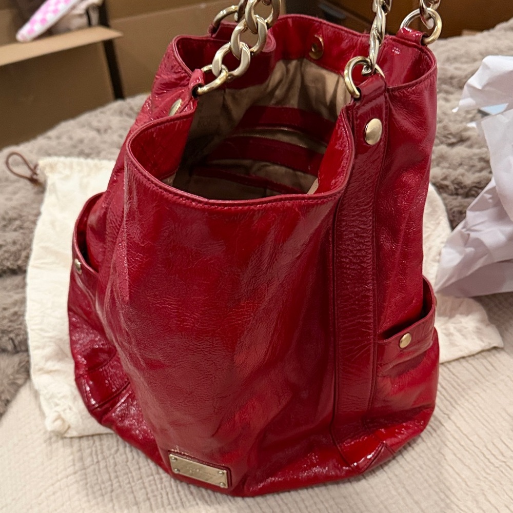 Michael Kors Red Patent Leather Shoulder Bag with Gold Accents - Picture 5 of 9